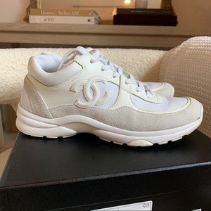 CHANEL WHITE SNEAKERS! SZ 37.5!